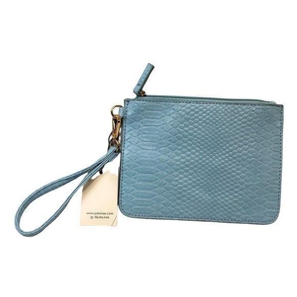 Jules Kae Darla Vegan Croc Leather Pouch Wristlet Light Blue Detachable Strap - Picture 6 of 7